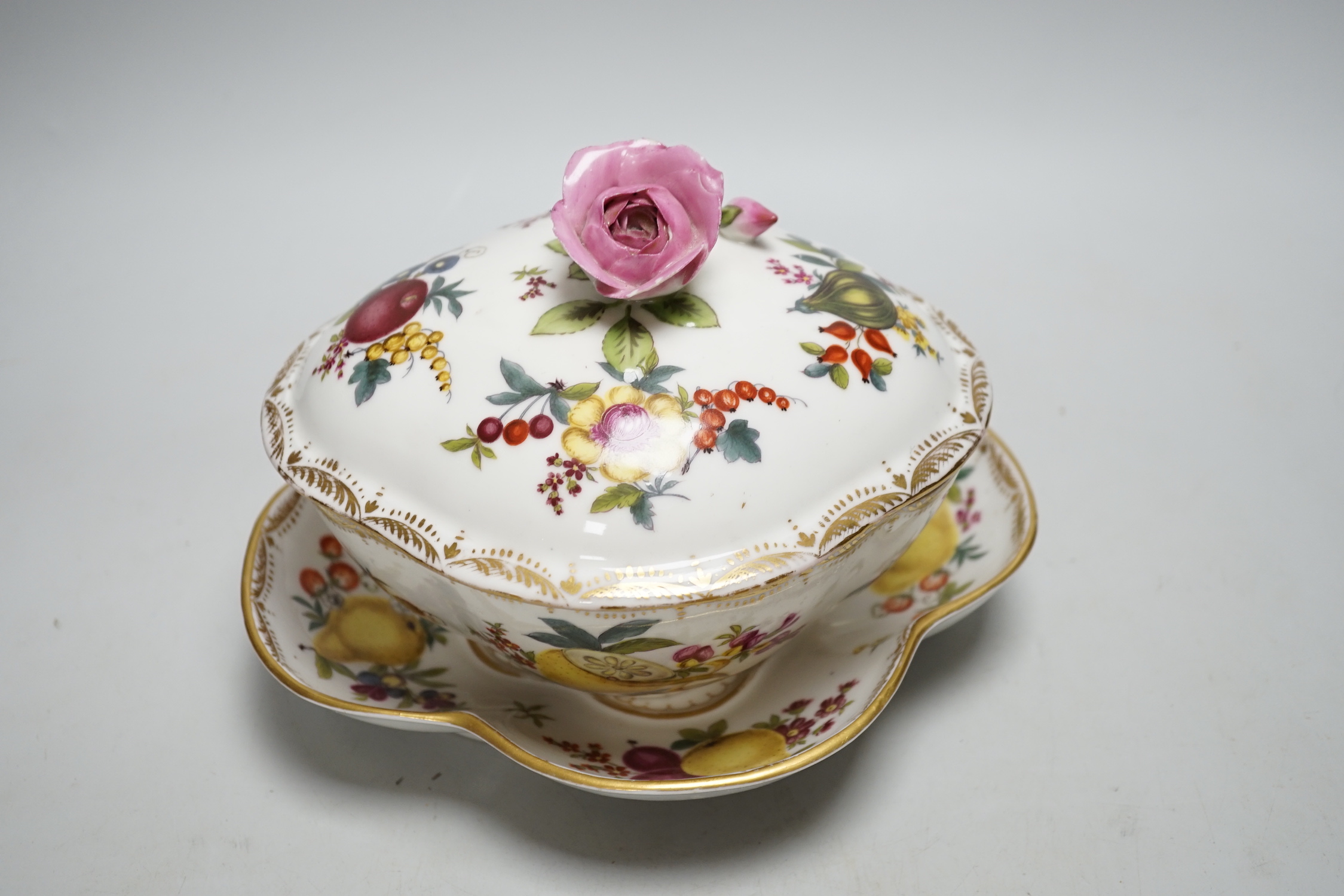 A Helena Wolfsohn Dresden tureen, cover and stand together with a floral porcelain basket (2), largest 21cm wide